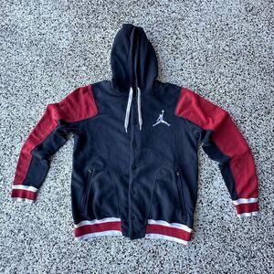 Air Jordan Varsity Jacket Mens Large Black Red Button Snap Letterman Hoodie